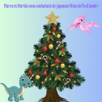 Sapin de noël avec les deux mascottes dinosaures Marco et Martha