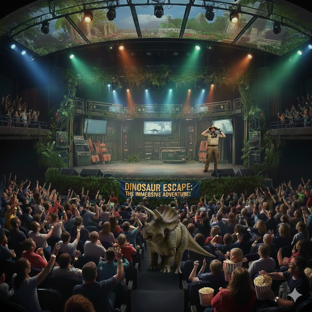 Salle de spectacle Dino treck avec apparition de dinosaure dans le public